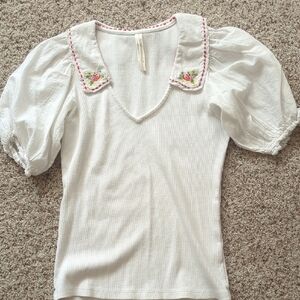 By Anthropologie Embroidered Collar Puff Sleeve Top XS